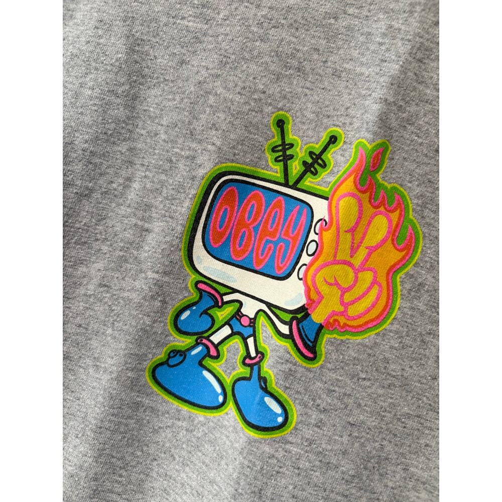 OBEY Men's Size Medium TV Cartoon Flame Fingers Gray Tee Shirt Large - Picture 3 of 4
